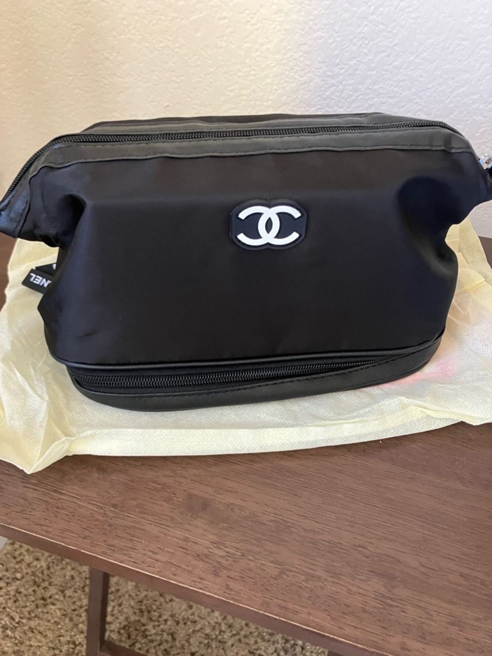 CHANEL Black Nylon CC Logo Toiletry Bag